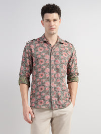 Porsorte Men Olive Green & Pink Floral Printed Cotton Reversible Casual Regular Shirt
