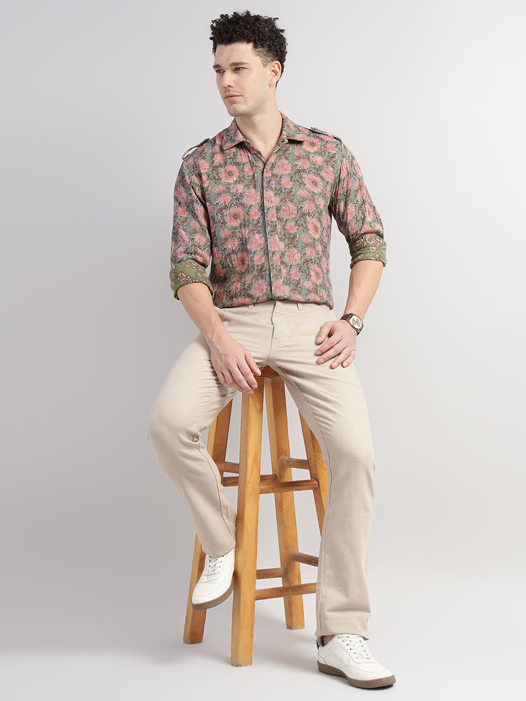 Porsorte Men Olive Green & Pink Floral Printed Cotton Reversible Casual Regular Shirt