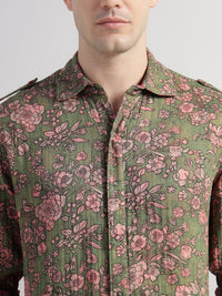 Porsorte Men Olive Green & Pink Floral Printed Cotton Reversible Casual Regular Shirt