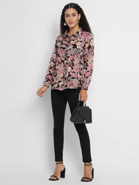 Porsorte Women’s Pink  Floral Printed Shantoon Full Sleeves, Button-Down Shirt
