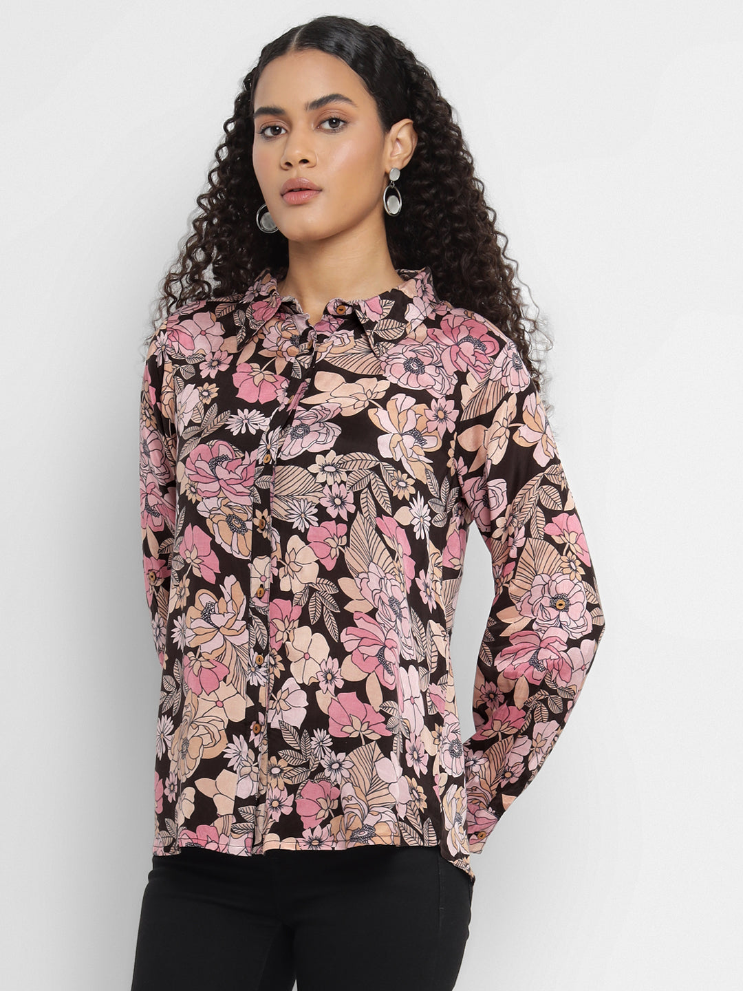 Porsorte Women’s Pink  Floral Printed Shantoon Full Sleeves, Button-Down Shirt