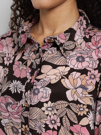 Porsorte Women’s Pink  Floral Printed Shantoon Full Sleeves, Button-Down Shirt