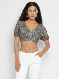 Porsorte Womens Grey Floral Printed Rayon Crop Top with Ruffled Sleeves