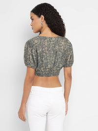 Porsorte Womens Grey Floral Printed Rayon Crop Top with Ruffled Sleeves