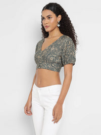 Porsorte Womens Grey Floral Printed Rayon Crop Top with Ruffled Sleeves