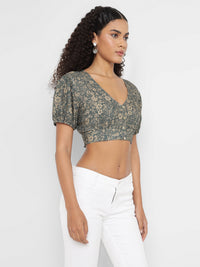 Porsorte Womens Grey Floral Printed Rayon Crop Top with Ruffled Sleeves