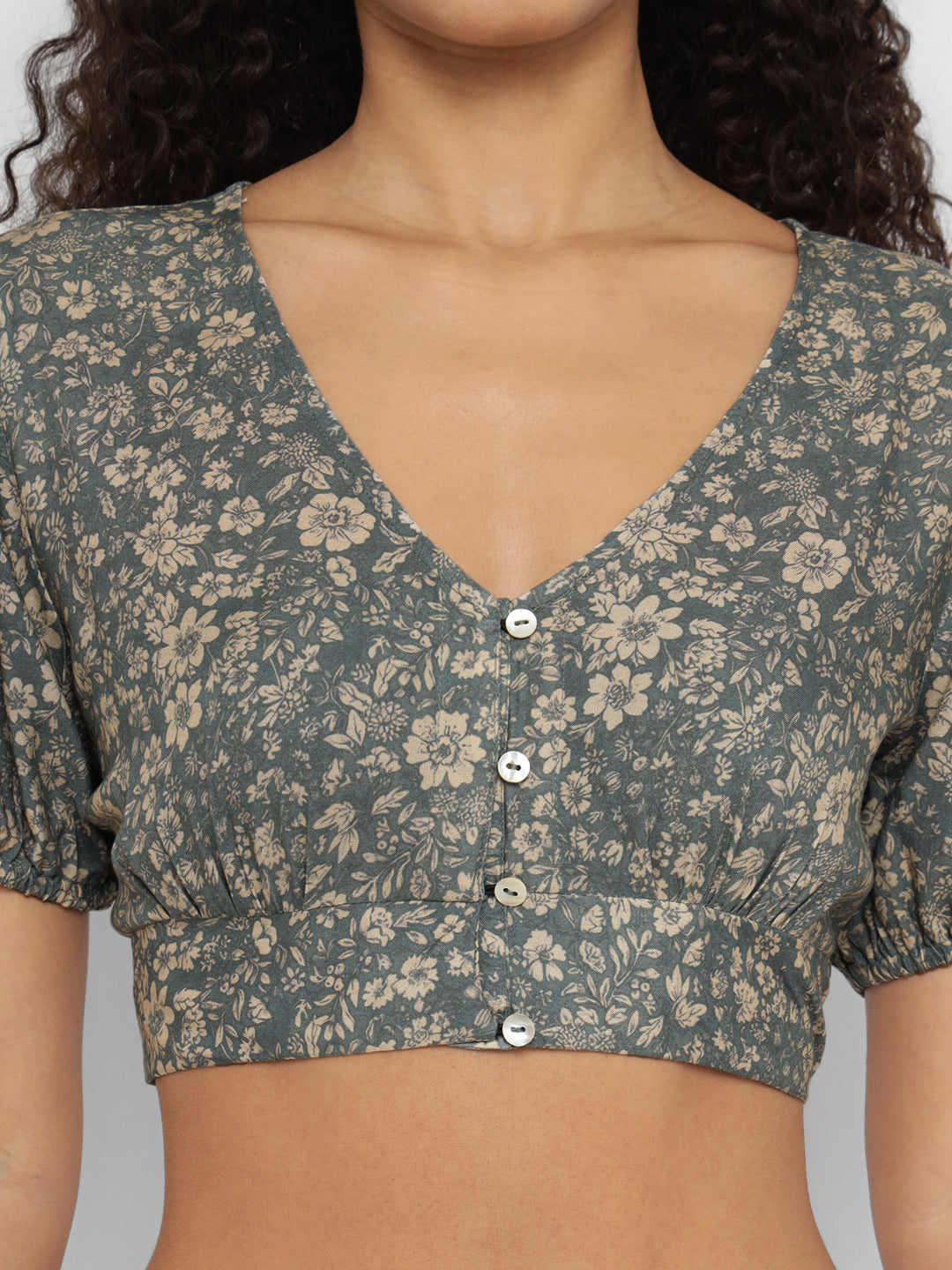 Porsorte Womens Grey Floral Printed Rayon Crop Top with Ruffled Sleeves