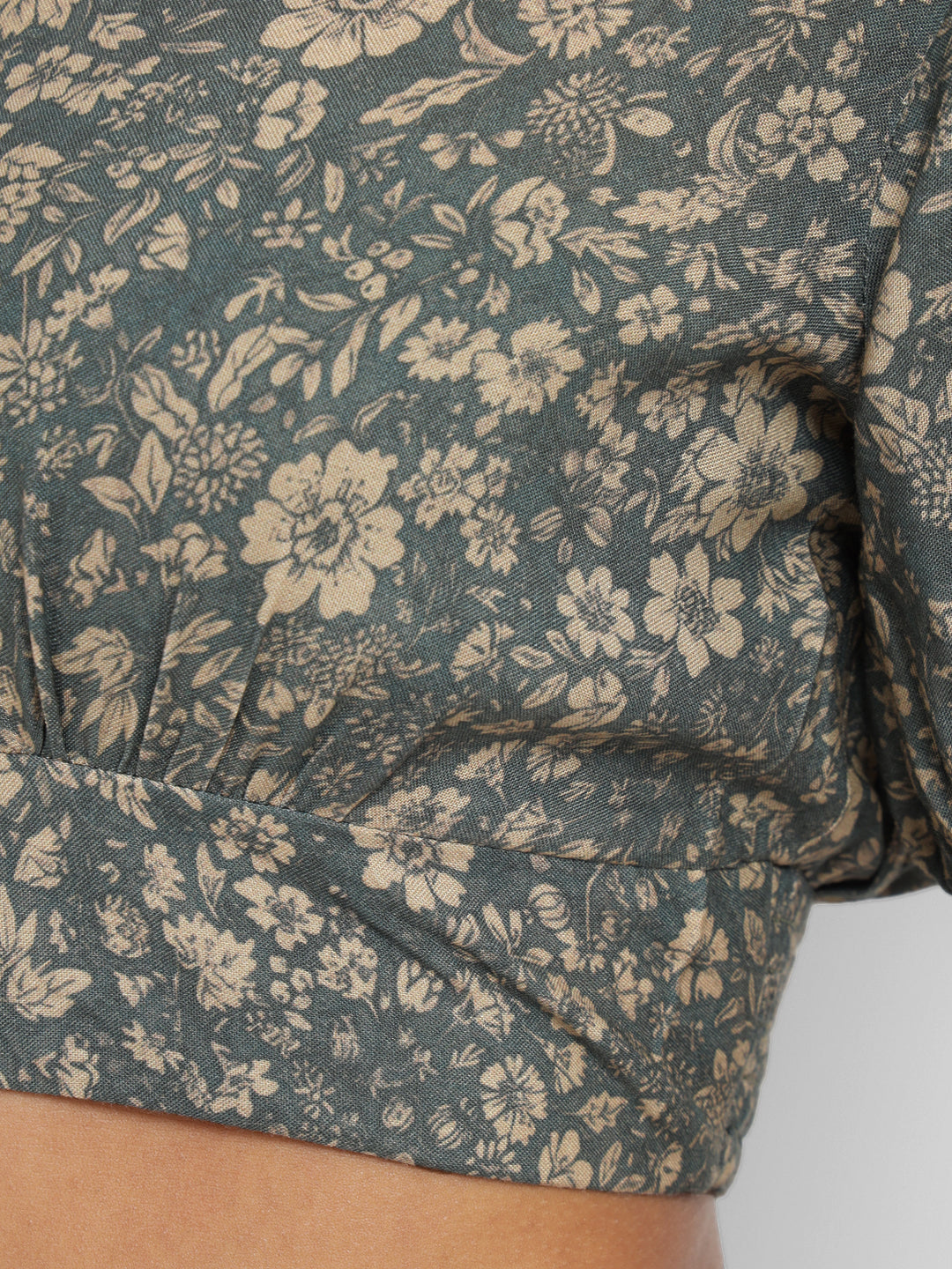 Porsorte Womens Grey Floral Printed Rayon Crop Top with Ruffled Sleeves