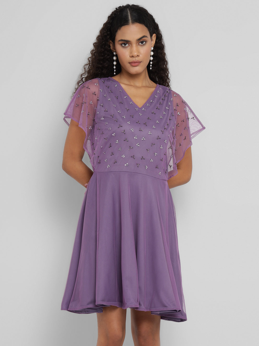 Porsorte Womens Aline Purple Fit and Flare Embellished Party Dress