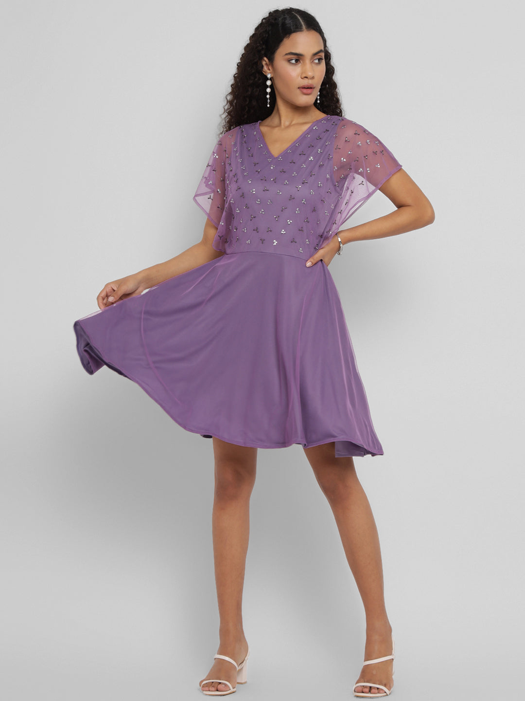 Porsorte Womens Aline Purple Fit and Flare Embellished Party Dress