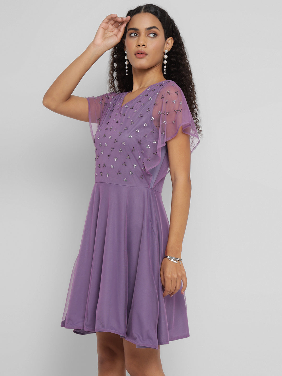 Porsorte Womens Aline Purple Fit and Flare Embellished Party Dress