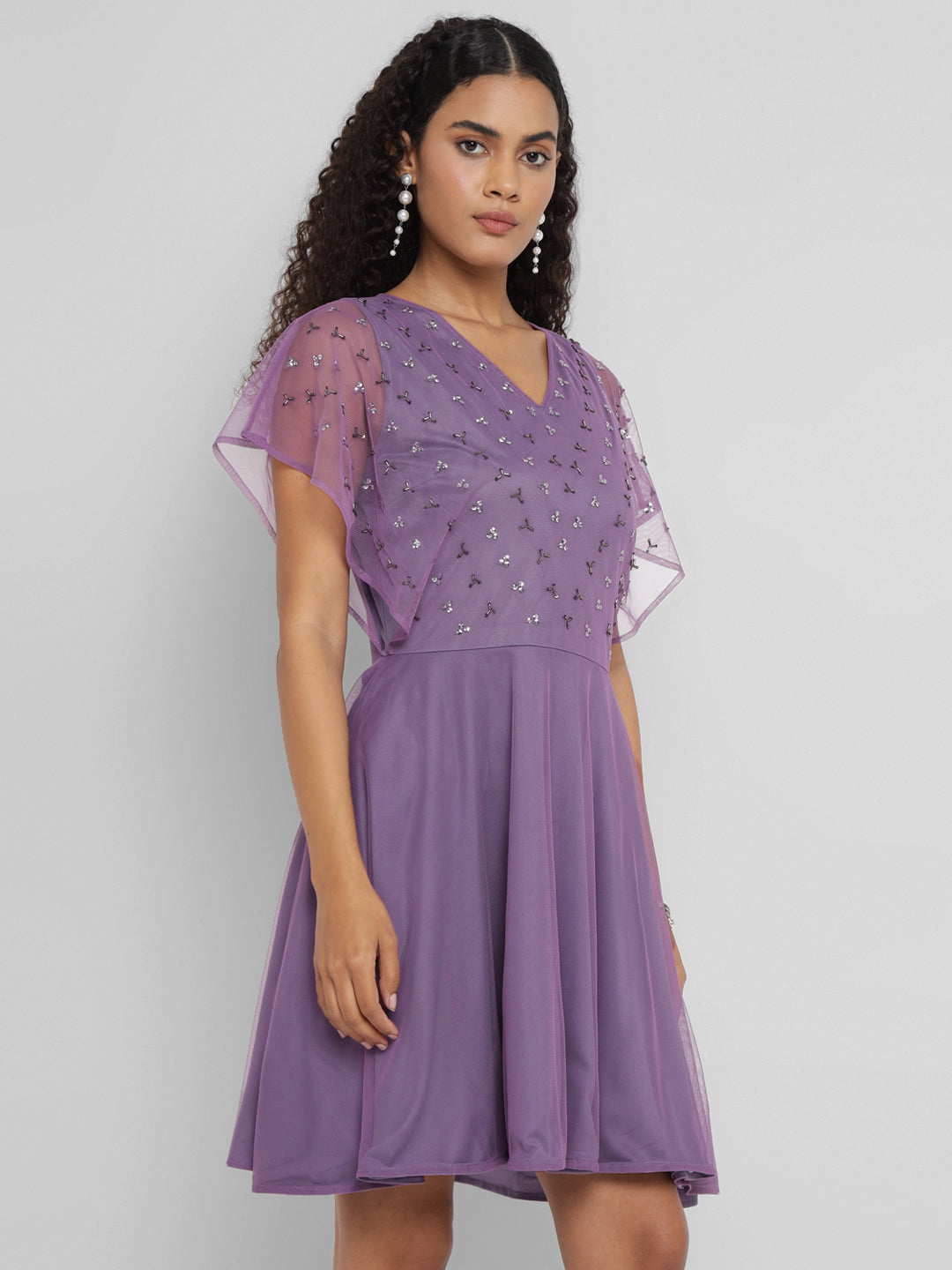 Porsorte Womens Aline Purple Fit and Flare Embellished Party Dress