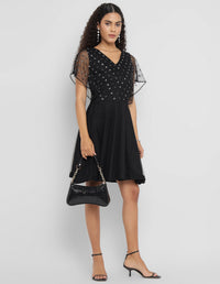 Porsorte Womens Aline Black Fit and Flare Embellished Party Dress