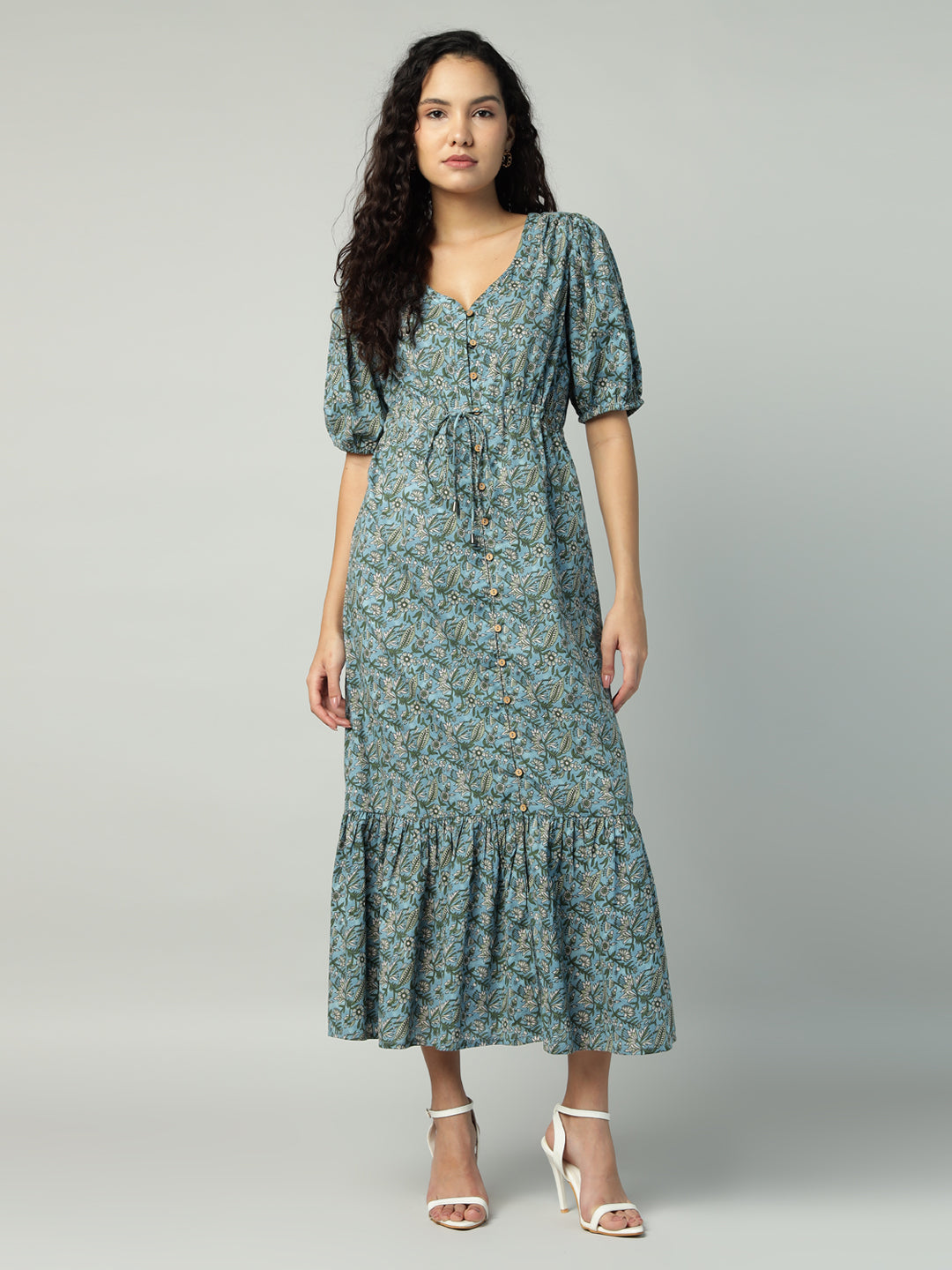 Porsorte Womens Cotton Cambric Blue Grey Printed Puff Sleeve Midi Dress