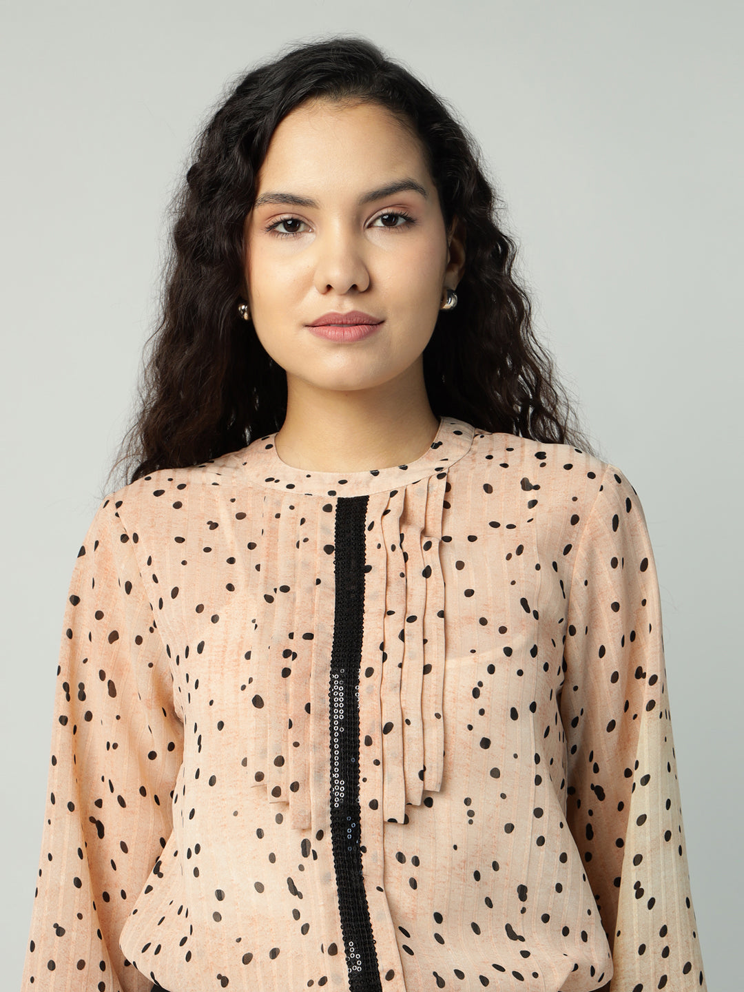 Porsorte Womens Georgette Dobby Peach Offwhite Dobby Polka Printed Button Down Shirt