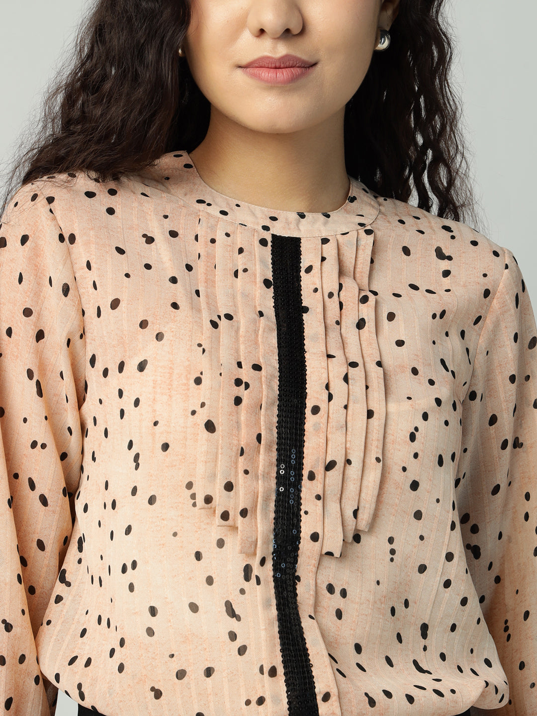 Porsorte Womens Georgette Dobby Peach Offwhite Dobby Polka Printed Button Down Shirt