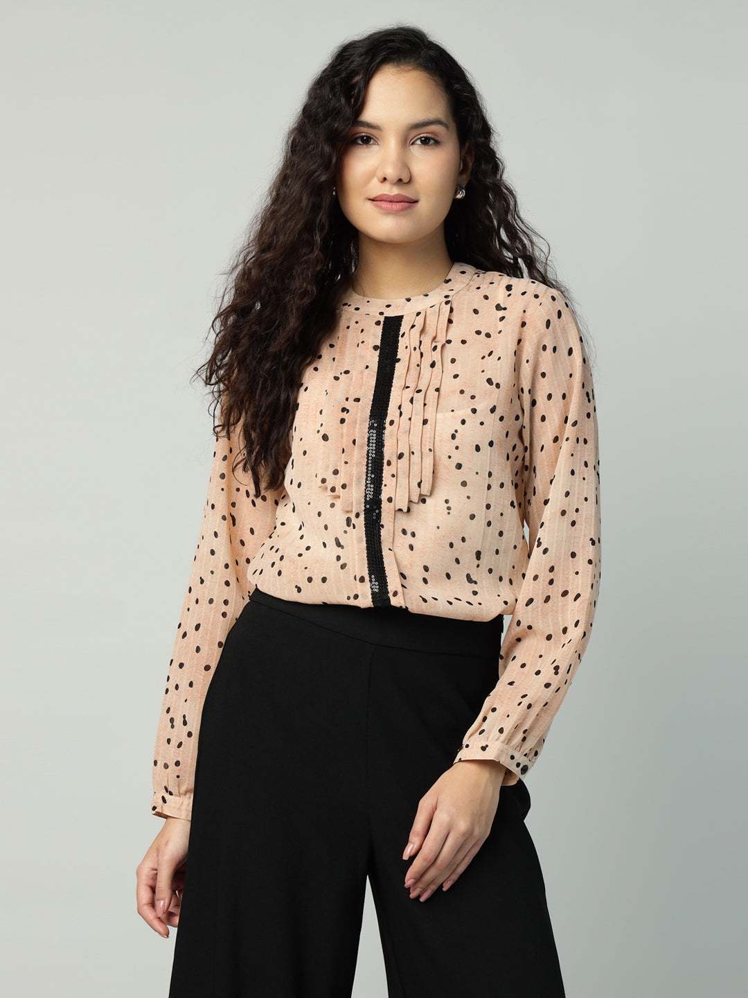 Porsorte Womens Georgette Dobby Peach Offwhite Dobby Polka Printed Button Down Shirt