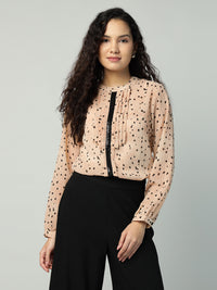 Porsorte Womens Georgette Dobby Peach Offwhite Dobby Polka Printed Button Down Shirt