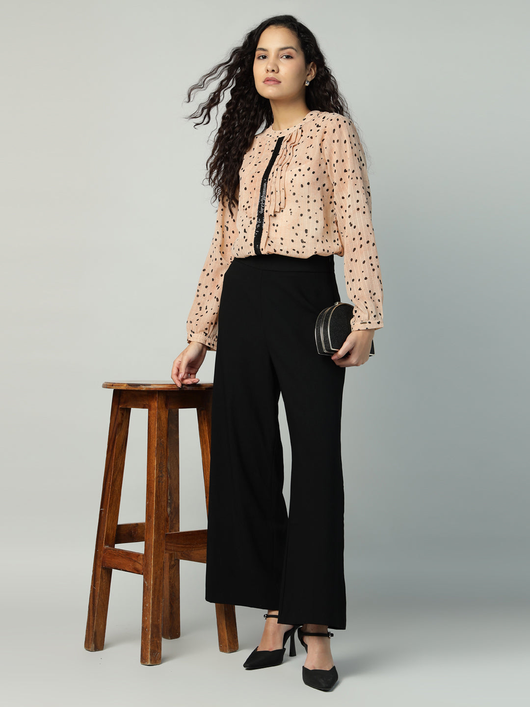 Porsorte Womens Georgette Dobby Peach Offwhite Dobby Polka Printed Button Down Shirt