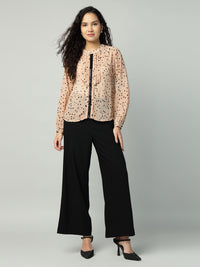 Porsorte Womens Georgette Dobby Peach Offwhite Dobby Polka Printed Button Down Shirt