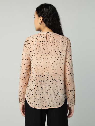 Porsorte Womens Georgette Dobby Peach Offwhite Dobby Polka Printed Button Down Shirt