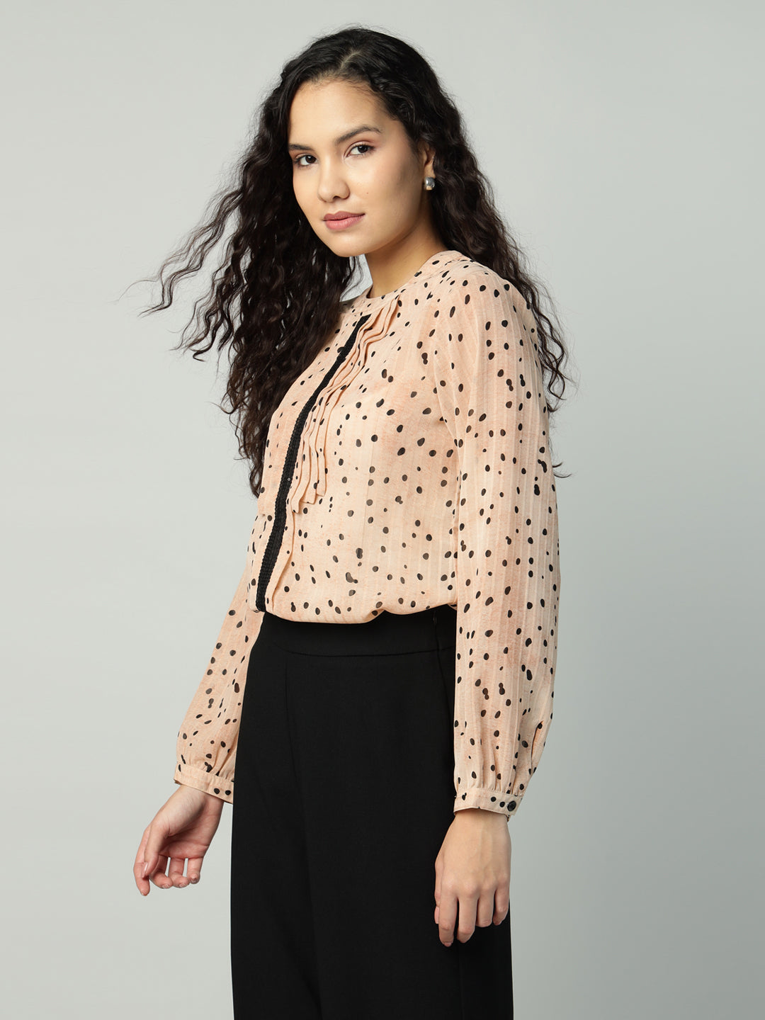 Porsorte Womens Georgette Dobby Peach Offwhite Dobby Polka Printed Button Down Shirt