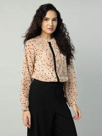 Porsorte Womens Georgette Dobby Peach Offwhite Dobby Polka Printed Button Down Shirt