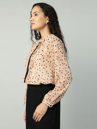 Porsorte Womens Georgette Dobby Peach Offwhite Dobby Polka Printed Button Down Shirt