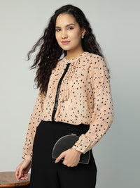 Porsorte Womens Georgette Dobby Peach Offwhite Dobby Polka Printed Button Down Shirt