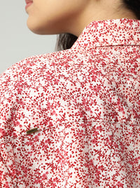 Porsorte Womens Crepe Red Offwhite Printed Button Down Shirt
