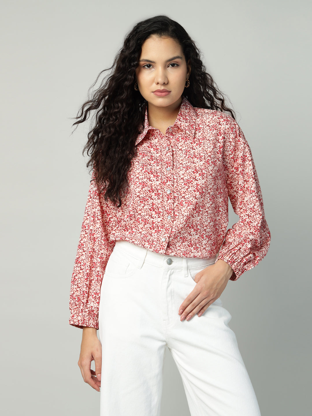Porsorte Womens Crepe Red Offwhite Printed Button Down Shirt