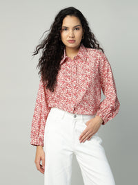 Porsorte Womens Crepe Red Offwhite Printed Button Down Shirt