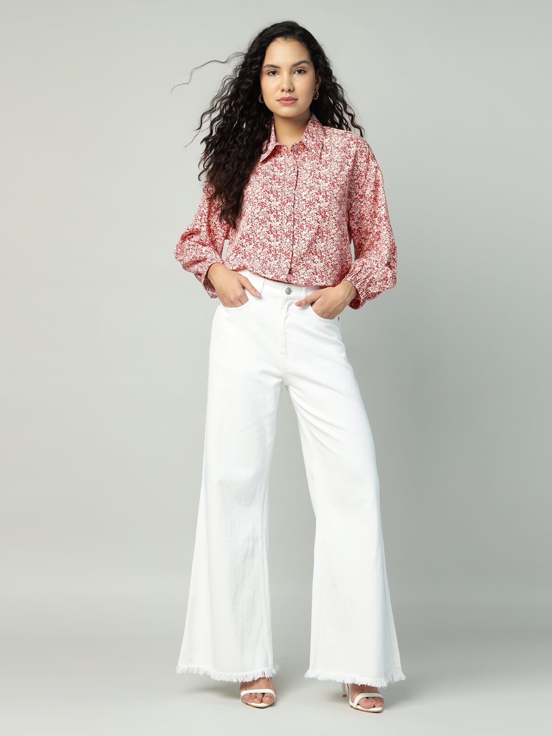 Porsorte Womens Crepe Red Offwhite Printed Button Down Shirt