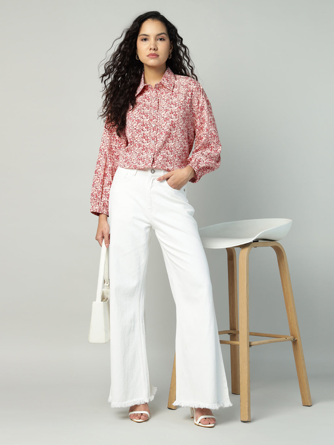 Porsorte Womens Crepe Red Offwhite Printed Button Down Shirt