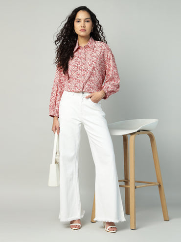 Porsorte Womens Crepe Red Offwhite Printed Button Down Shirt