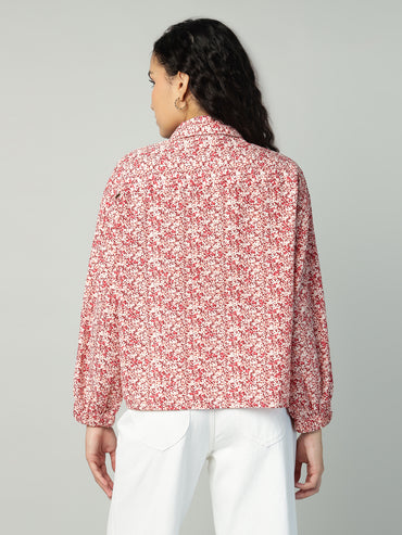 Porsorte Womens Crepe Red Offwhite Printed Button Down Shirt