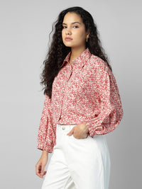 Porsorte Womens Crepe Red Offwhite Printed Button Down Shirt