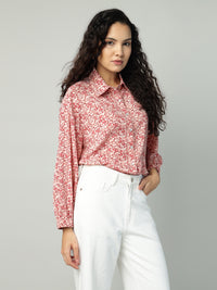 Porsorte Womens Crepe Red Offwhite Printed Button Down Shirt