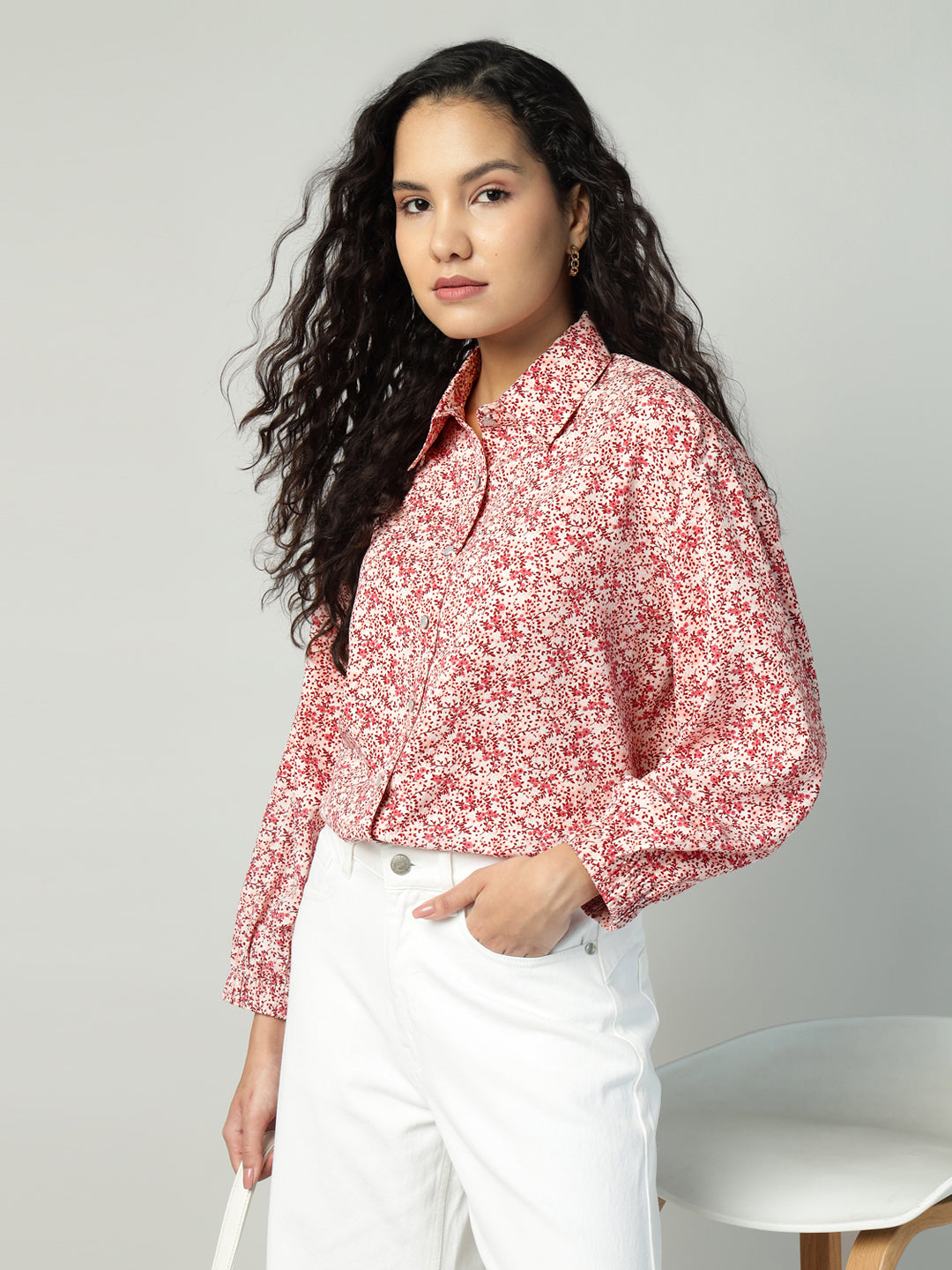 Porsorte Womens Crepe Red Offwhite Printed Button Down Shirt