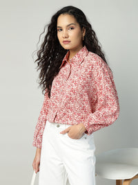 Porsorte Womens Crepe Red Offwhite Printed Button Down Shirt