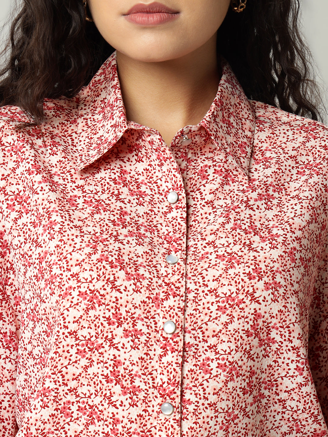 Porsorte Womens Crepe Red Offwhite Printed Button Down Shirt