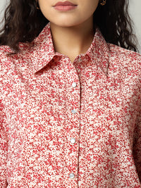 Porsorte Womens Crepe Red Offwhite Printed Button Down Shirt