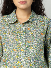 Porsorte Womens Cotton Green Printed Button Down Shirt