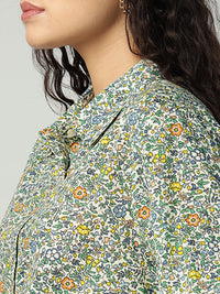 Porsorte Womens Cotton Green Printed Button Down Shirt
