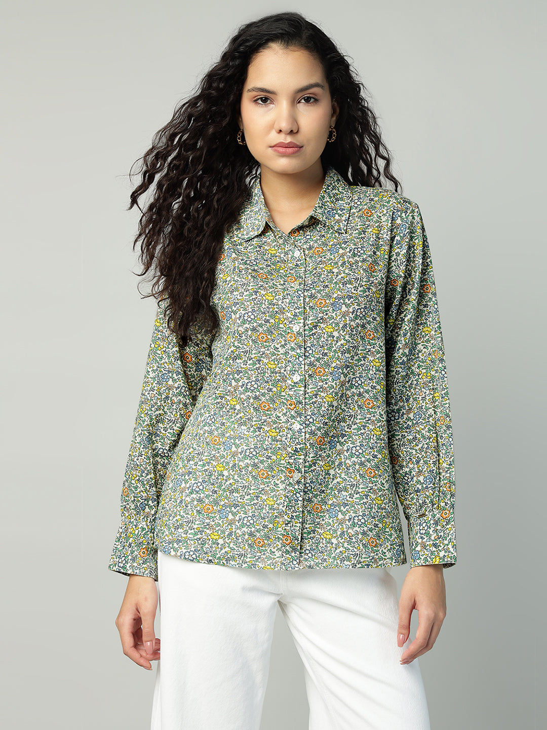 Porsorte Womens Cotton Green Printed Button Down Shirt