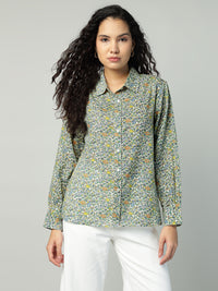 Porsorte Womens Cotton Green Printed Button Down Shirt