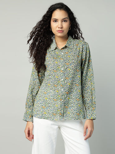 Porsorte Womens Cotton Green Printed Button Down Shirt