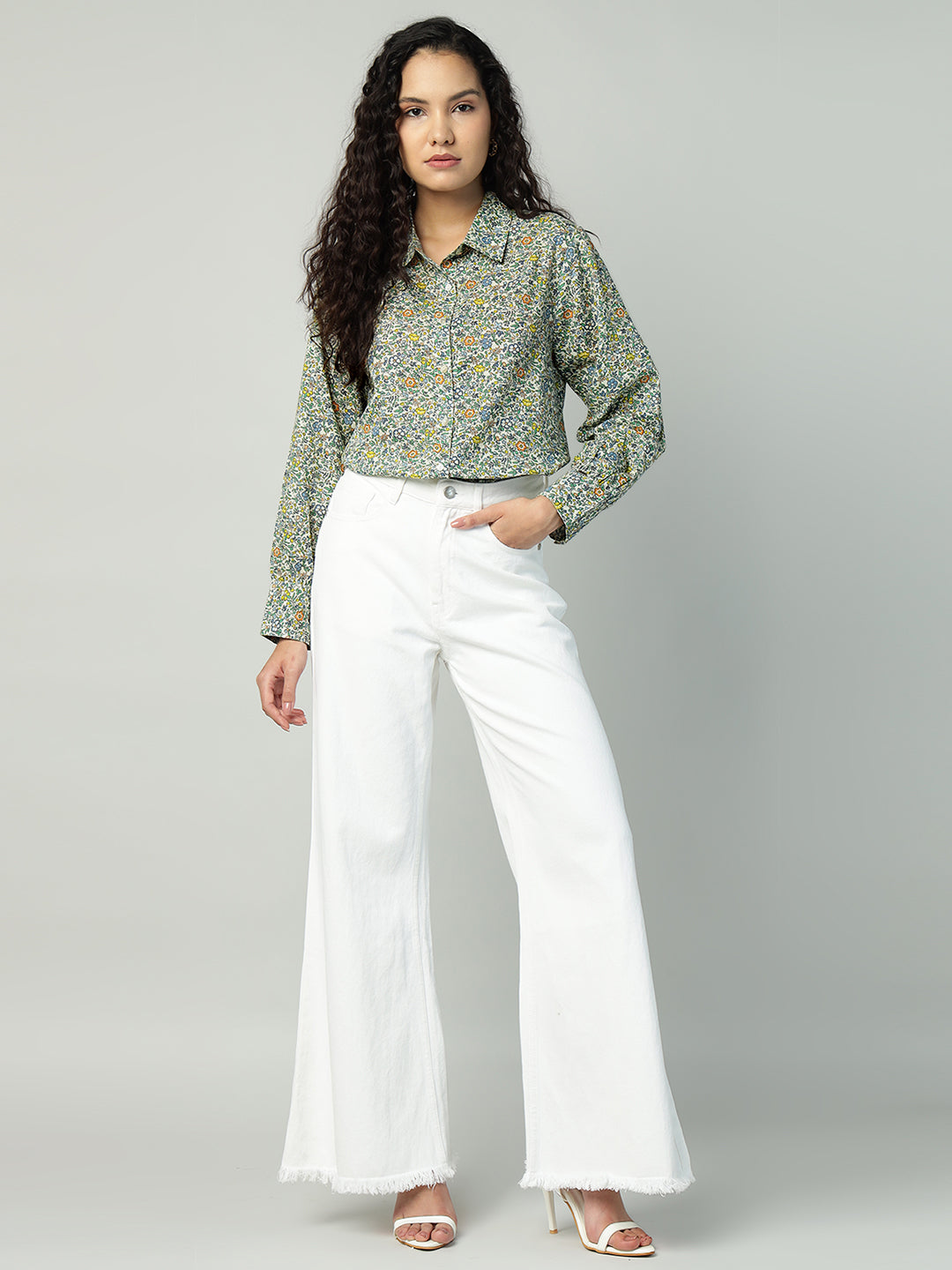 Porsorte Womens Cotton Green Printed Button Down Shirt