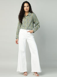 Porsorte Womens Cotton Green Printed Button Down Shirt