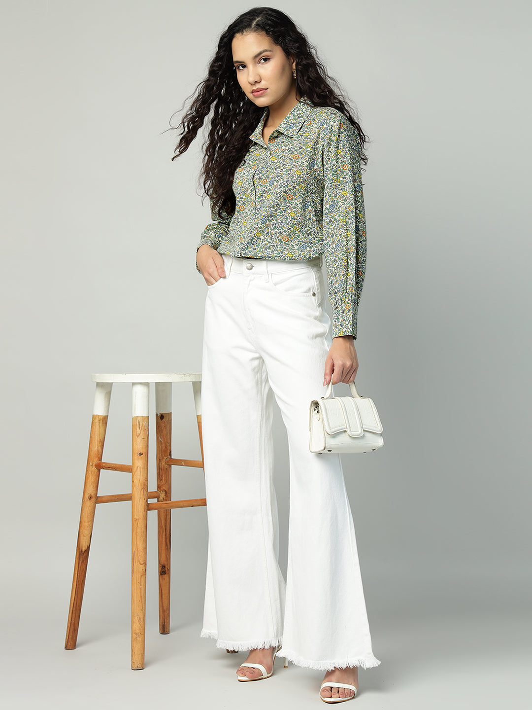 Porsorte Womens Cotton Green Printed Button Down Shirt